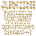 Alphabet, letters, numbers and symbols of eggs, scrambled eggs, fried eggs. Set of color vector isolated objects.